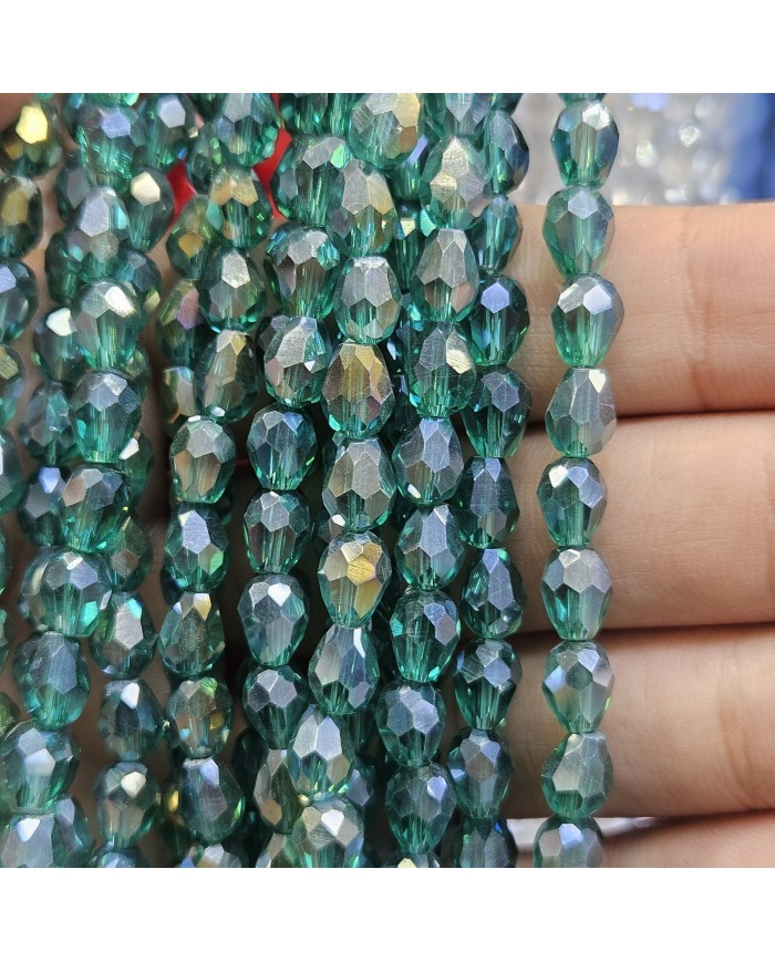 6mm İpe Dizili Damla Kristal Boncuk Metalik Kaplama Yeşil - 1 Dizi