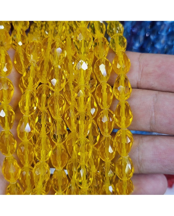 8mm İpe Dizili Damla Kristal Boncuk Şeffaf Altın Sarısı - 1 Dizi