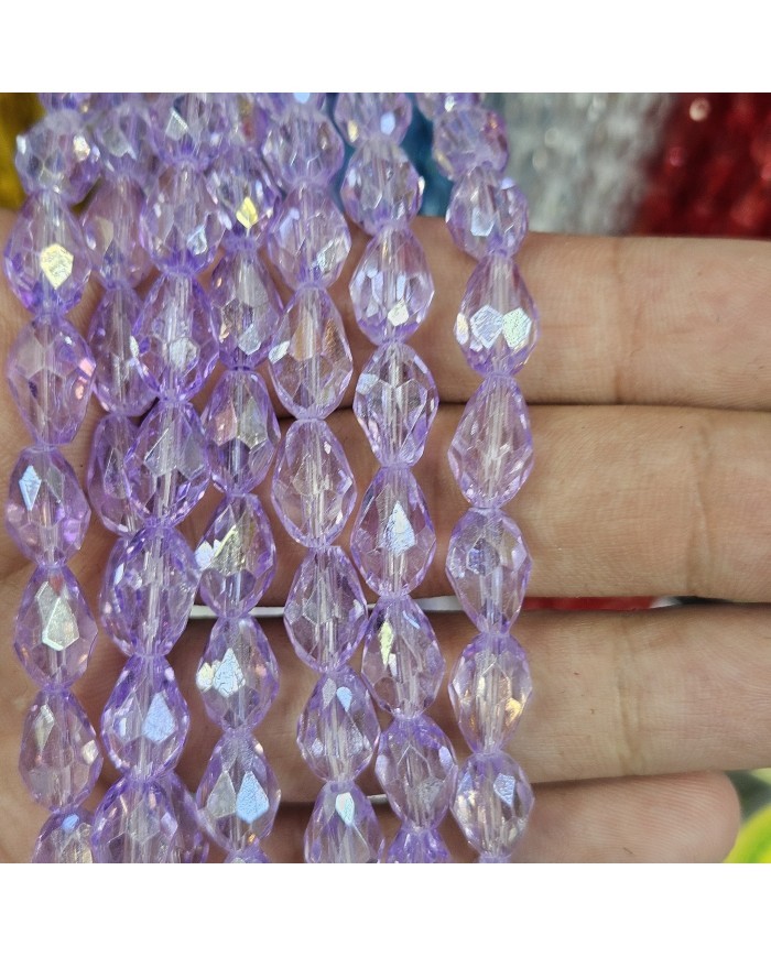 8mm İpe Dizili Damla Kristal Boncuk Şeffaf Açık Lila - 1 Dizi