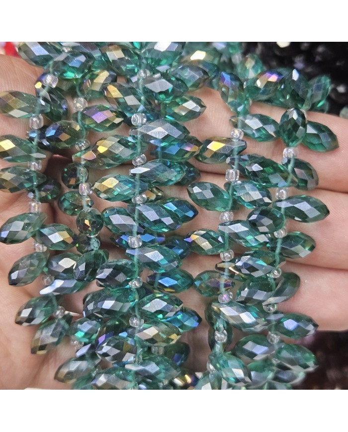 12x5mm İpe Dizili Yandan Delikli Damla Kristal Boncuk Şeffaf Janjanlı Koyu Yeşil - 1 Dizi