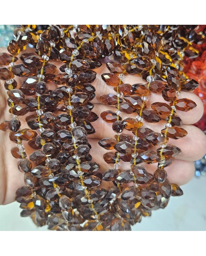 12x5mm İpe Dizili Yandan Delikli Damla Kristal Boncuk Şeffaf Janjanlı Kahverengi - 1 Dizi