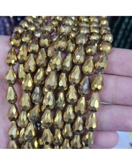 8mm İpe Dizili Damla Kristal Boncuk Metalik Kağlama Gold - 1 Dizi