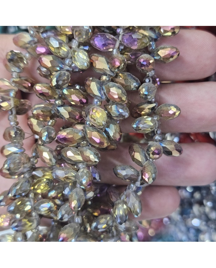 12x5mm İpe Dizili Yandan Delikli Damla Kristal Boncuk Metalik Kaplama Yeşil Mor - 1 Dizi