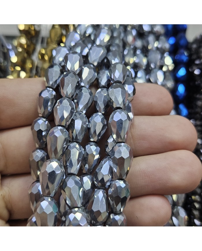 8mm İpe Dizili Damla Kristal Boncuk Metalik Kaplama Gümüş - 1 Dizi