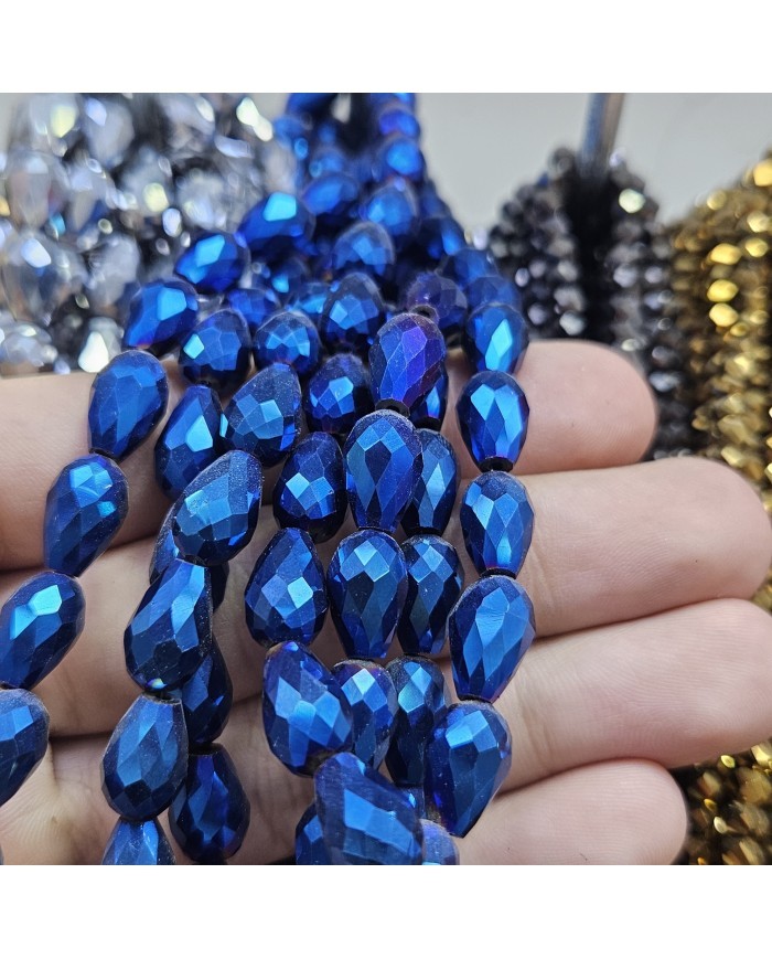 8mm İpe Dizili Damla Kristal Boncuk Metalik Kaplama Lacivert - 1 Dizi