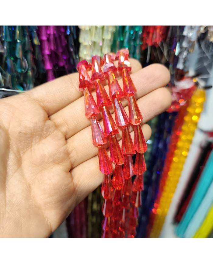 8x16mm İpe Dizili Deve Tabanı Huni Kristal Boncuk Şeffaf Kırmızı - 1 Dizi