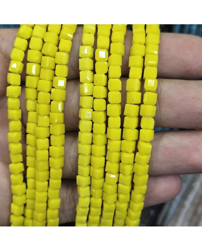 4mm İpe Dizili Küp Kristal Boncuk Mat Canlı Sarı - 1 Dizi
