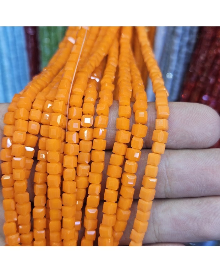 4mm İpe Dizili Küp Kristal Boncuk Mat Canlı Turuncu - 1 Dizi