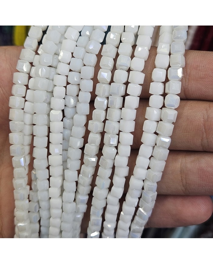4mm İpe Dizili Küp Kristal Boncuk Mat Beyaz - 1 Dizi