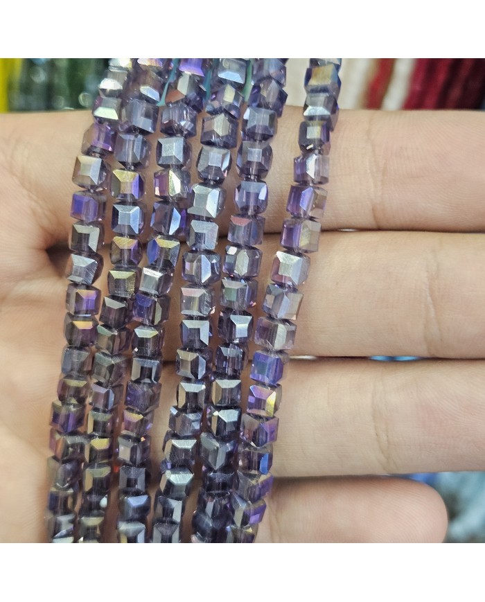 5 Adet İpe Dizili Küp Kristal Boncuk - Janjanlı Mor - 4mm