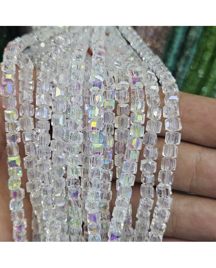 4mm İpe Dizili Küp Kristal Boncuk Şeffaf Janjanlı - 1 Dizi