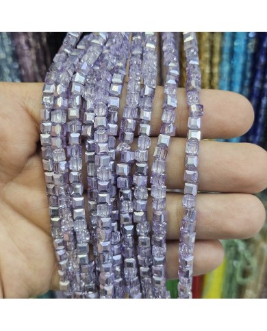 4mm İpe Dizili Küp Kristal Boncuk Metalik Kaplama Lila - 1 Dizi