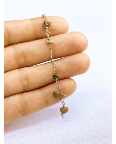 Doğal Kırık Taşlı Kuyumcu Zinciri Yeşil Tel Sarma 4mm - 1m