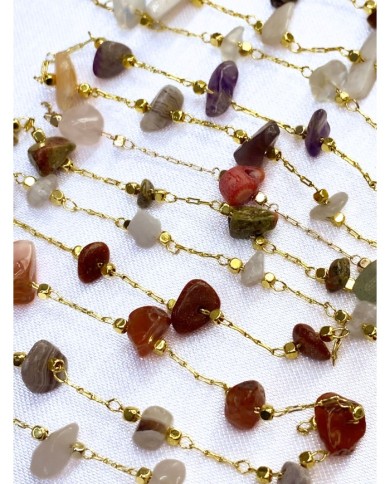 Doğal Kırık Taşlı Kuyumcu Zinciri Altın Rengi Ara Boncuklu Beyaz 3mm - 1m