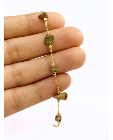 Doğal Kırık Taşlı Kuyumcu Zinciri Altın Rengi Ara Boncuklu Yeşil 3mm - 1m