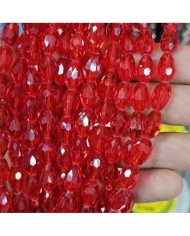 8mm İpe Dizili Damla Kristal Boncuk Şeffaf Alev Kırmızı - 1 Dizi