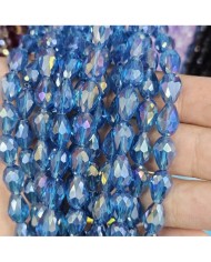 8mm İpe Dizili Damla Kristal Boncuk Şeffaf Yoğun Mavi - 1 Dizi
