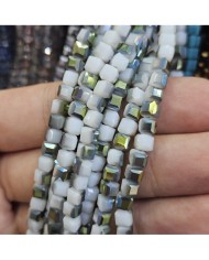 6mm İpe Dizili Küp Kristal Boncuk Metalik Kaplama Aynalı Beyaz Gri - 1 Dizi