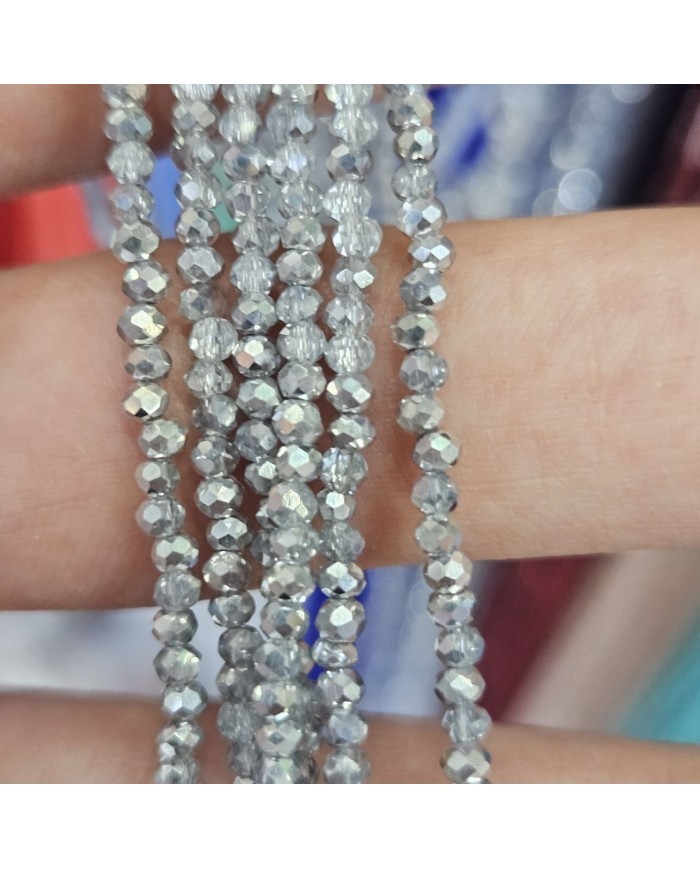 2mm İpe Dizili Kristal Boncuk Metalik Kaplama Aynalı Gümüş - 10 Dizi