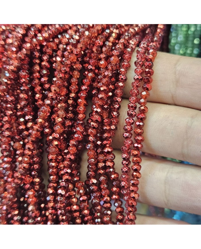 3mm İpe Dizili Kristal Boncuk Metalik Kaplama Kırmızı - 10 Dizi