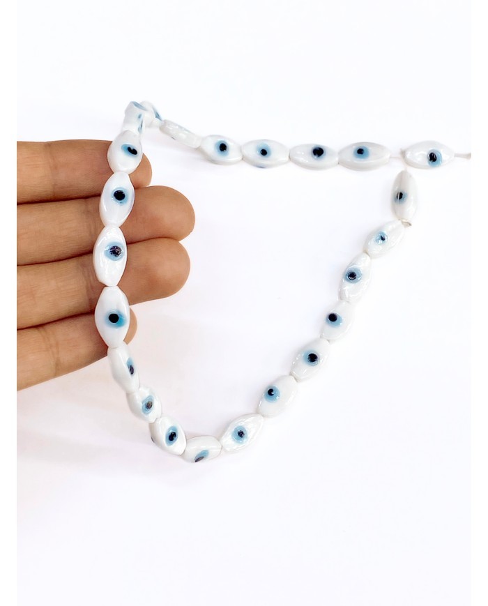 İpe Dizili Seramik Boncuk Beyaz Badem Göz 14mm - 1 Dizi