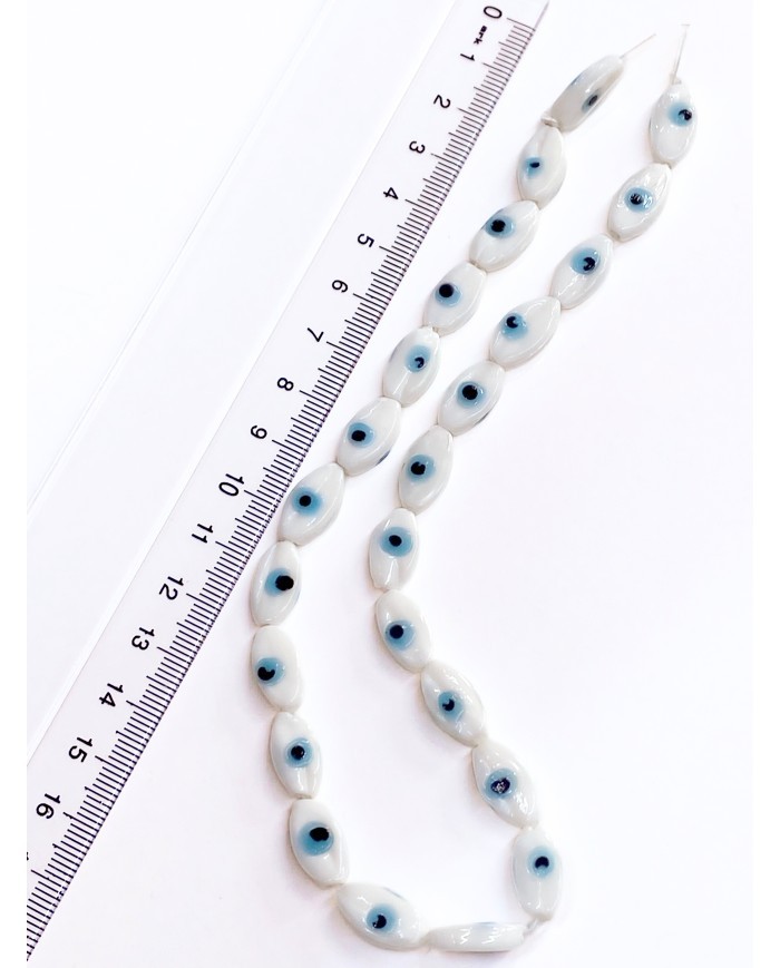 İpe Dizili Seramik Boncuk Beyaz Badem Göz 14mm - 1 Dizi