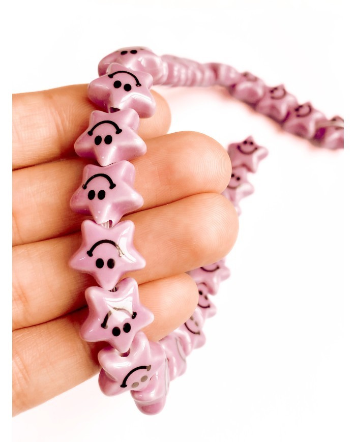 İpe Dizili Seramik Boncuk Mor Güleryüzlü Yıldız 12mm - 1 Dizi