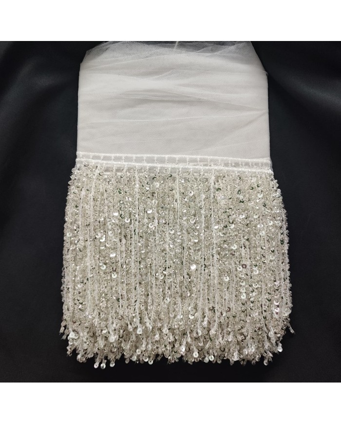 16 cm Pullu Boncuklu İthal Saçak Gümüş 1 Metre