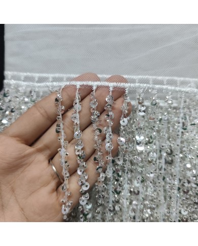 16 cm Pullu Boncuklu İthal Saçak Gümüş 1 Metre