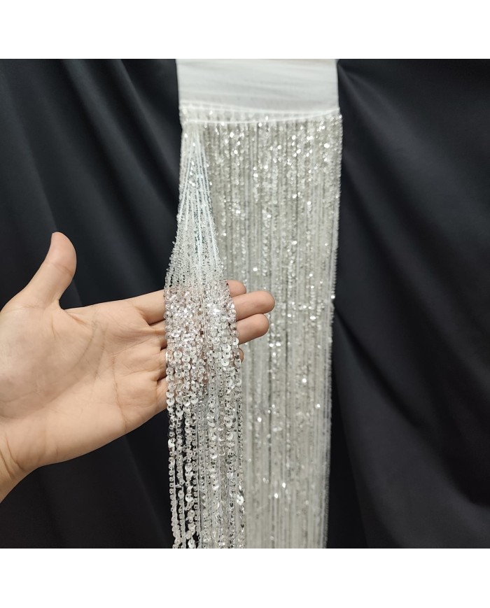 120 cm Pullu Boncuklu İthal Saçak Gümüş 1 Metre