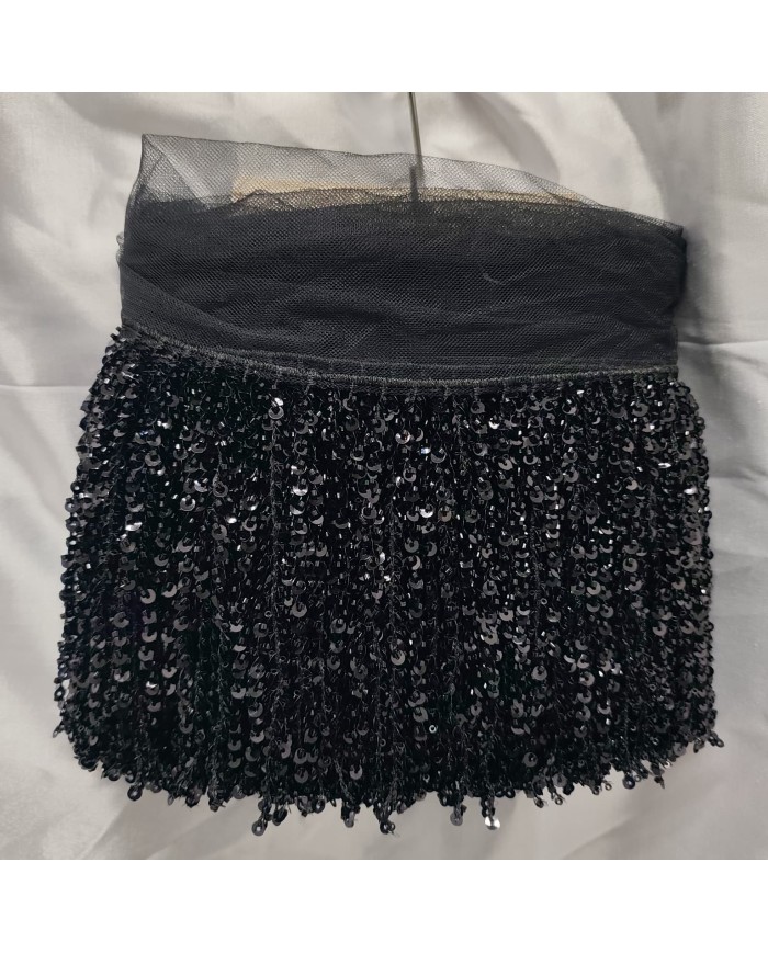 16 cm Pullu Boncuklu İthal Saçak Siyah  1 Metre