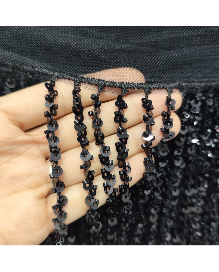 16 cm Pullu Boncuklu İthal Saçak Siyah  1 Metre