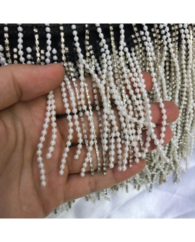 8 cm İnci ve Taşlı Boncuk Saçak Beyaz Gümüş 1 Metre