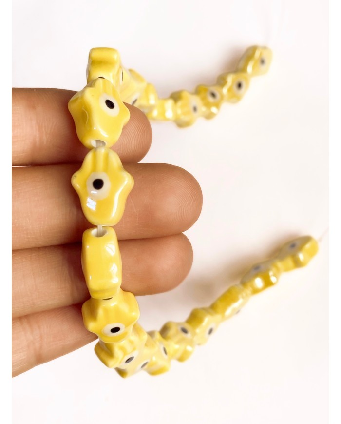 İpe Dizili Seramik Boncuk Sarı Hamsa El 15mm - 1 Dizi