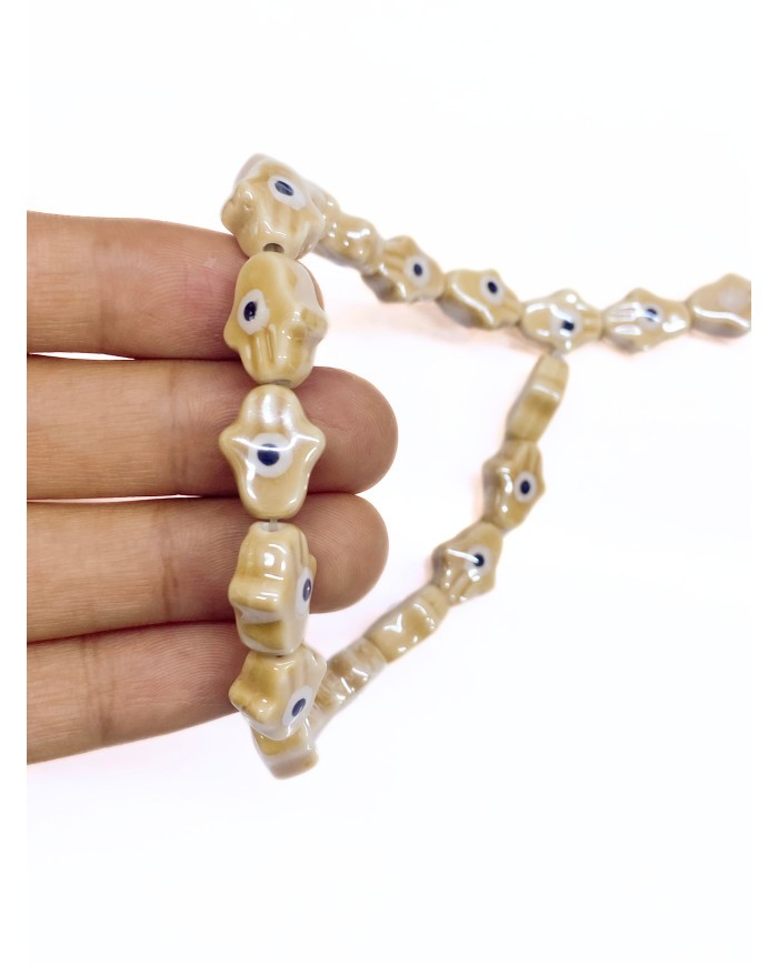 İpe Dizili Seramik Boncuk Krem Hamsa El 15mm - 1 Dizi