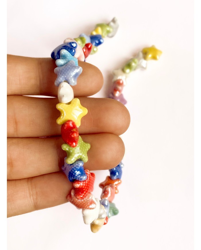 İpe Dizili Seramik Boncuk Renkli Benekli Yıldız 10mm - 1 Dizi