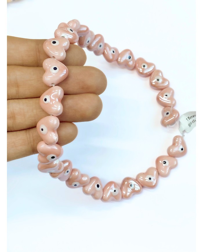 İpe Dizili Seramik Boncuk Pembe Nazar Boncuklu Kalp 15mm - 1 Dizi