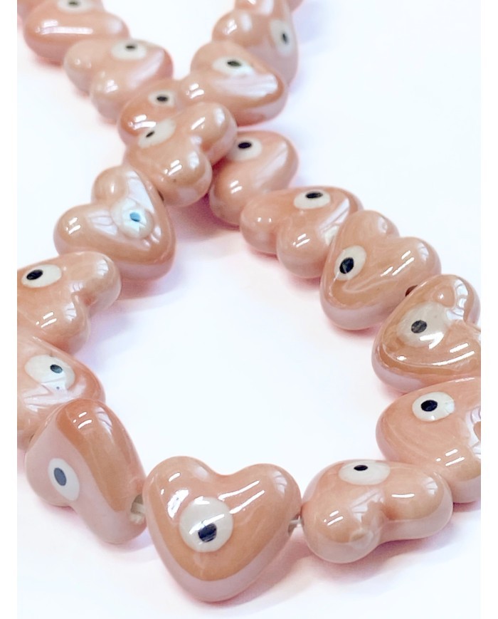 İpe Dizili Seramik Boncuk Pembe Nazar Boncuklu Kalp 13mm - 1 Dizi