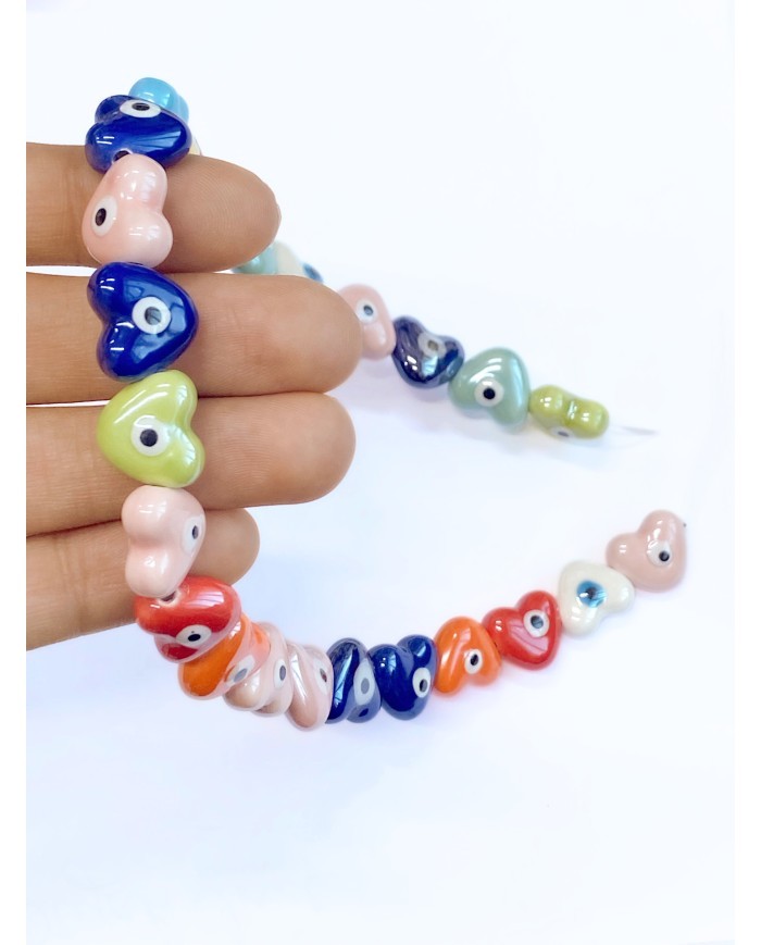 İpe Dizili Seramik Boncuk Renkli Nazar Boncuklu Kalp 13mm - 1 Dizi