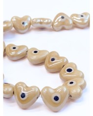İpe Dizili Seramik Boncuk Krem Nazar Boncuklu Kalp 15mm - 1 Dizi