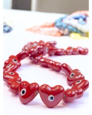 İpe Dizili Seramik Boncuk Kırmızı Nazar Boncuklu Kalp 15mm - 1 Dizi
