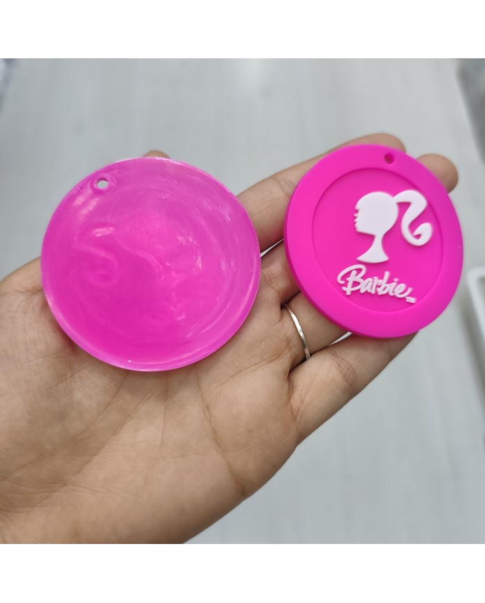 Barbie Silüetli Yuvarlak Charm Ucu Fuşya Beyaz 1 Adet