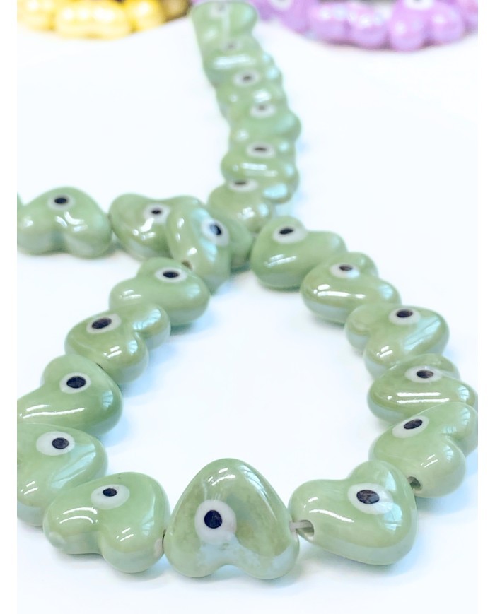 İpe Dizili Seramik Boncuk Yeşil Nazar Boncuklu Kalp 15mm - 1 Dizi