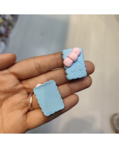 Tavşan Süslemeli Dikdörtgen Bisküvi Figürü Bebek Mavisi Pembe 1
