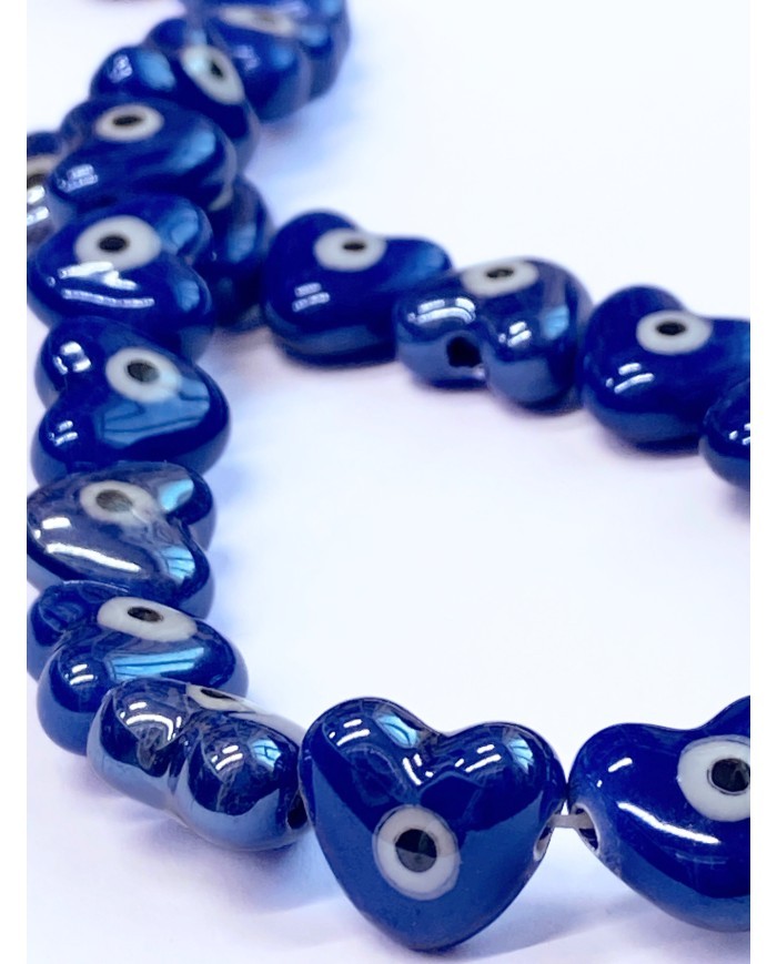 İpe Dizili Seramik Boncuk Lacivert Nazar Boncuklu Kalp 15mm - 1 Dizi