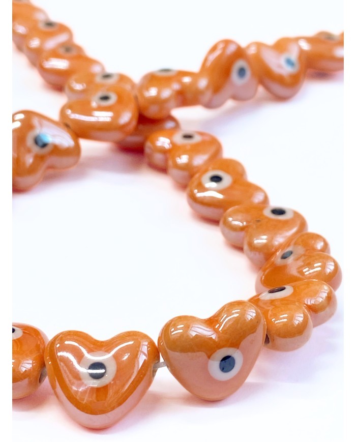 İpe Dizili Seramik Boncuk Turuncu Nazar Boncuklu Kalp 13mm - 1 Dizi