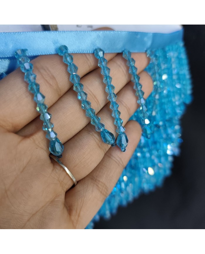 5 cm Uzun Damla Uçlu Kristal Boncuk Saçak Turkuaz Mavisi 1 Metre