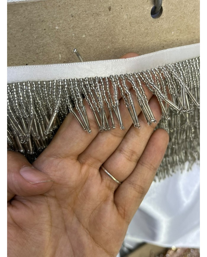 3 cm Boru Boncuklu Saçak Gümüş 1 Metre